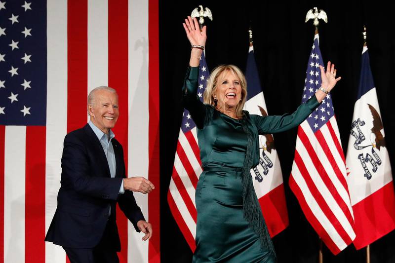 Democratic presidential candidate former Vice President Joe Biden with Jill Biden at a caucus night campaign rally in Des Moines, Iowa. AP Photo