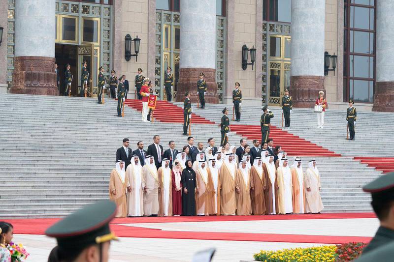 The UAE delegation accompanying Sheikh Mohamed bin Zayed arrives at the Great Hall of the People in Beijing on Monday. Courtesy Sheikh Mohamed bin Zayed Twitter