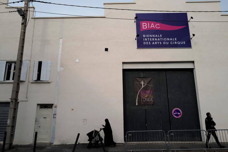 A banner announces the International Circus Arts Biennale, that will take place behind closed doors at the Archaos Circus compagnie theater in Marseille. AP Photo