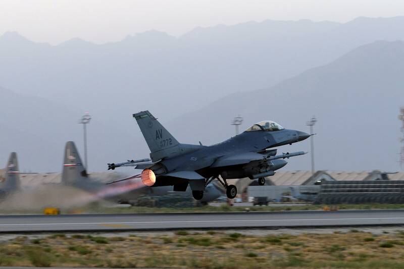 A US F-16 fighter plane takes off from Bagram Air Base, which is being returned to the Afghan government. Reuters