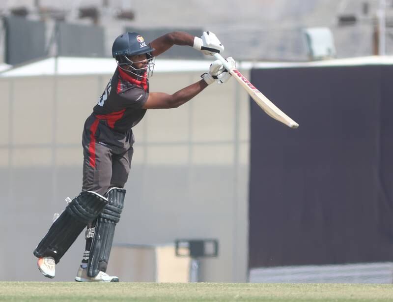 UAE batsman Vriitya Aravind plays a shot in the T20 World Cup Qualifier against Nepal on Tuesday, February 22, 2022. 