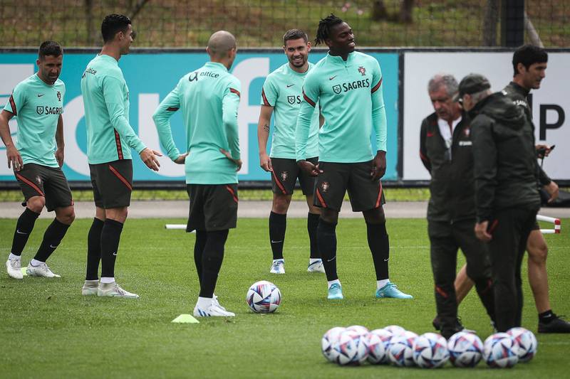 Portugal's Rafael Leao, right, with teammates on the eve of their Nations League match against Spain. AFP