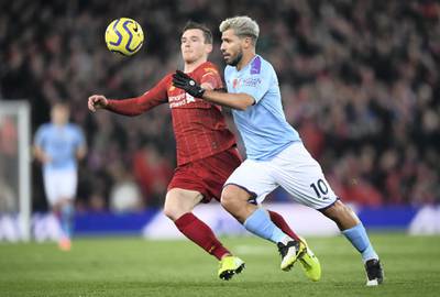 LIVERPOOL, ENGLAND - NOVEMBER 10: Sergio Aguero of Manchester City battles for possession with Andy Robertson of Liverpool during the Premier League match between Liverpool FC and Manchester City at Anfield on November 10, 2019 in Liverpool, United Kingdom. (Photo by Laurence Griffiths/Getty Images)