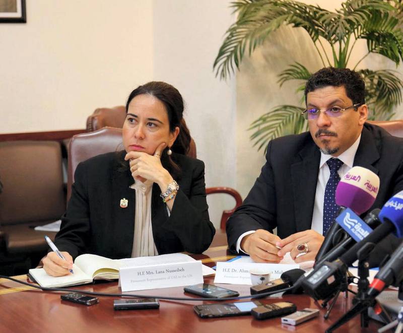 The UAE Ambassador to the UN Lana Nusseibeh and Saudi Arabia's UN ambassador Abdallah Al Mouallimi address a pressing briefing at the Saudi mission in New York on June 21, 2018. Wam