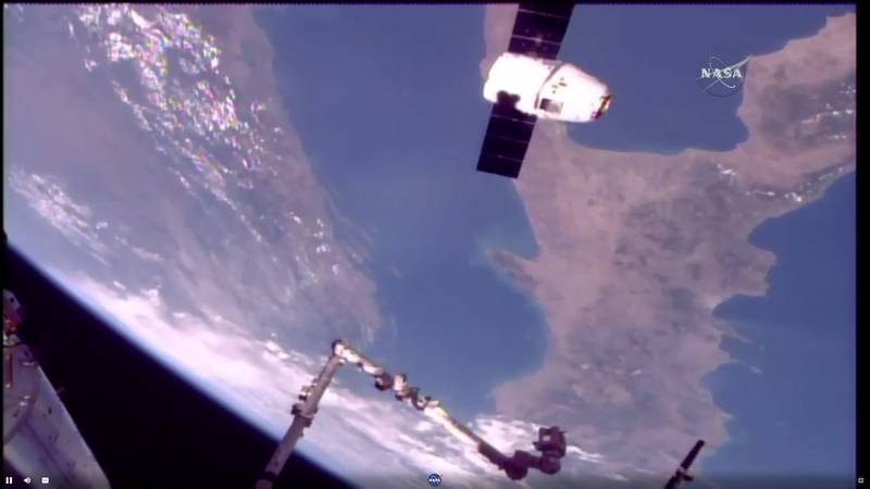 The SpaceX Falcon 9 rocket capsule approaches the International Space Station on August 16.  Nasa / YouTube screengrab