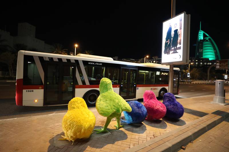 DUBAI, UNITED ARAB EMIRATES , December 24 – 2020 :- Art works installed next to the bus stops on Jumeirah beach road in Dubai. Total eight art works created by international artist installed near the bus stops. ( Pawan Singh / The National ) For Standalone/Online/Instagram/Big Picture