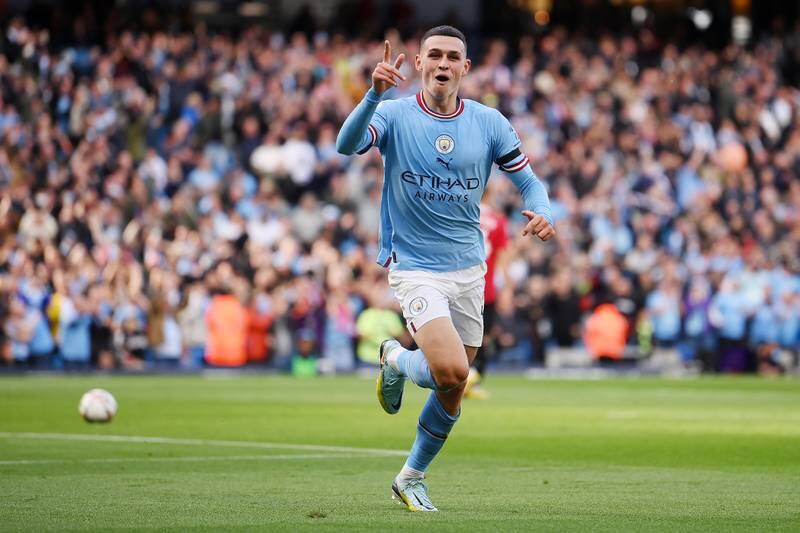 Phil Foden celebrates scoring his second and City's fourth. Getty