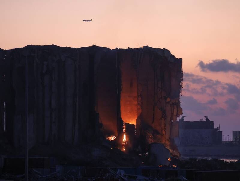 The fire burns at part of the silos that remains standing. Reuters