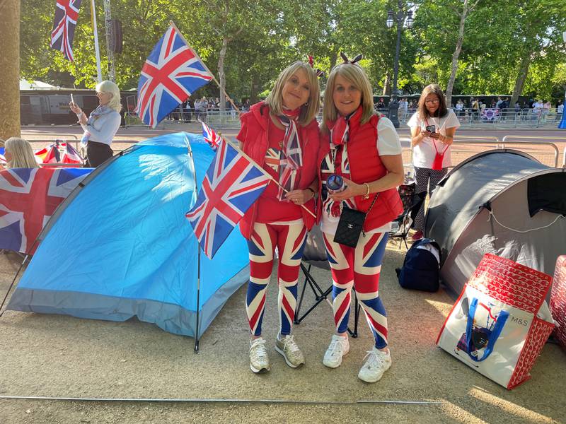 Twins Linda Whitfield and Janice Jones, 59, from County Durham, are camping on The Mall to ensure they have a good view of the celebrations. PA