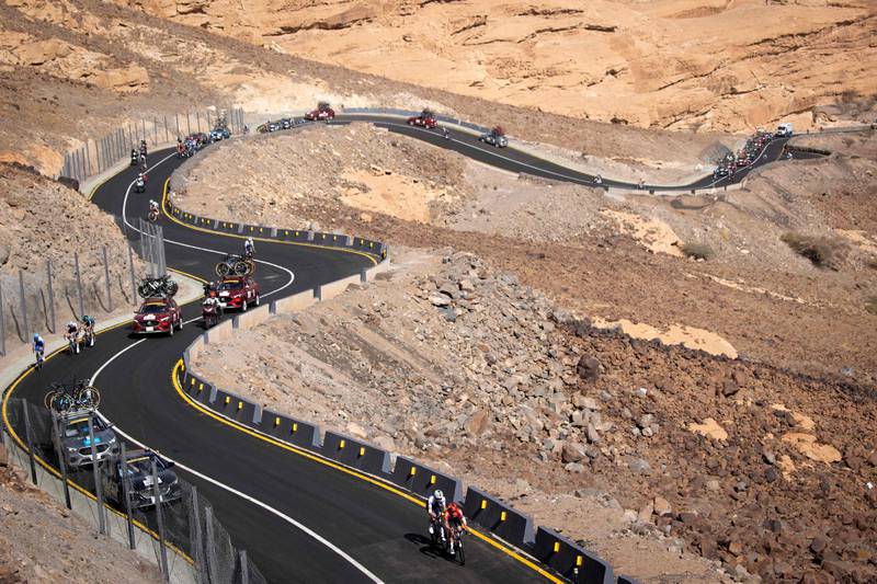 Quick-Step Alpha Vinyl Team's Andrea Bagioli and Lotto Soudal's Maxim Van Gils lead in the climb to Skyviews of Harrat Uwayrid, during the fourth stage of the Saudi Tour, from Winter Park to Skyviews of Harrat Uwayrid. All photos: AFP