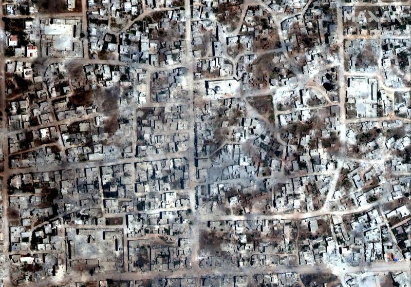 A satelite overview image of Kafr Nabudah  shows damaged and destroyed buildings.
