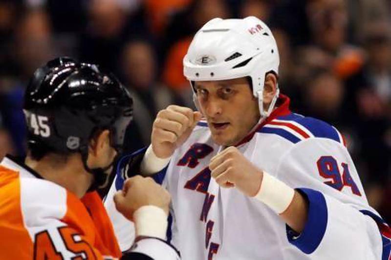 As if the game is already not physically tough, fights, such as this one between Philadelphia Flyers' Jody Shelley, left, and New York Rangers' Derek Boogaard, can cause even more traumatic head injuries. Boogaard died age 28 from an accidental drug and alcohol overdose while recovering from a concussion on May 13, 2011.