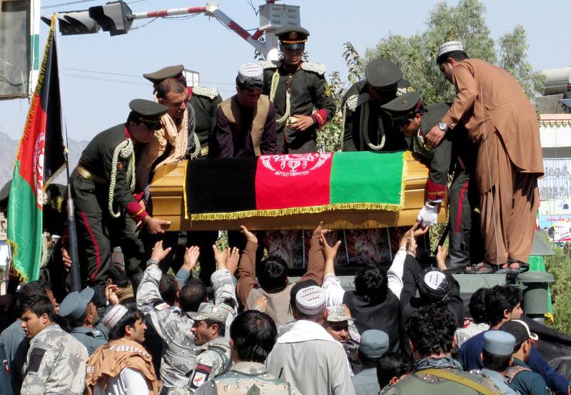 Afghan National Police honor guards carry the coffin of General Abdul Razeq during the burial ceremony. Reuters