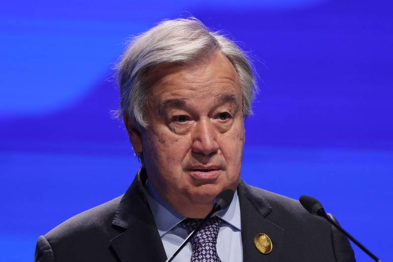UN Secretary General Antonio Guterres delivers a speech at an event launch for the climate TRACE initiative in Egypt's Red Sea resort city of the same name. AFP