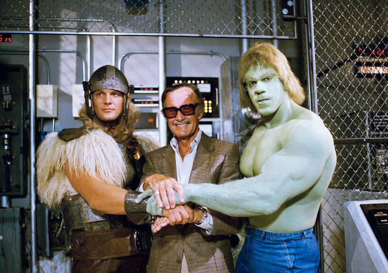Stan Lee poses with Lou Ferrigno and Eric Kramer who portray 'The Incredible Hulk' and Thor, in Los Angeles, 1988. AP Photo