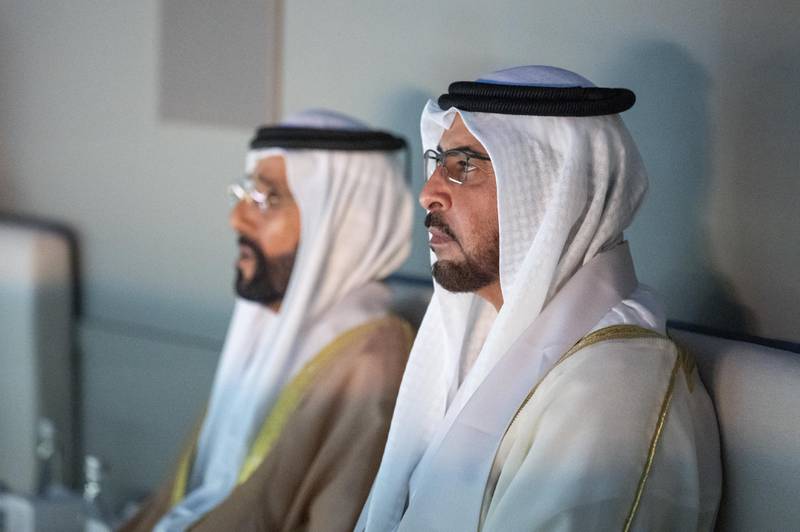 Sheikh Hamdan bin Zayed, Ruler’s Representative in Al Dhafra Region, right, watches the show.