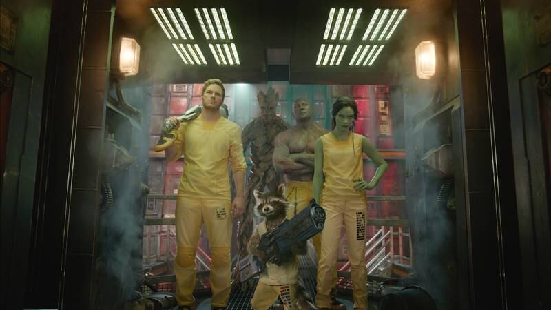 A handout movie still of Marvel's Guardians Of The Galaxy showing L to R: Star-Lord/Peter Quill (Chris Pratt), Groot (Voiced by Vin Diesel), Rocket Racoon (Voiced by Bradley Cooper), Drax the Destroyer (Dave Bautista) and Gamora (Zoe Saldana). (Courtesy: Marvel)
