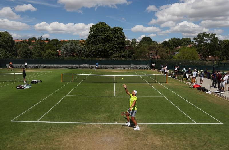 Rafael Nadal serves during a practice session ahead of Wimbledon. Getty