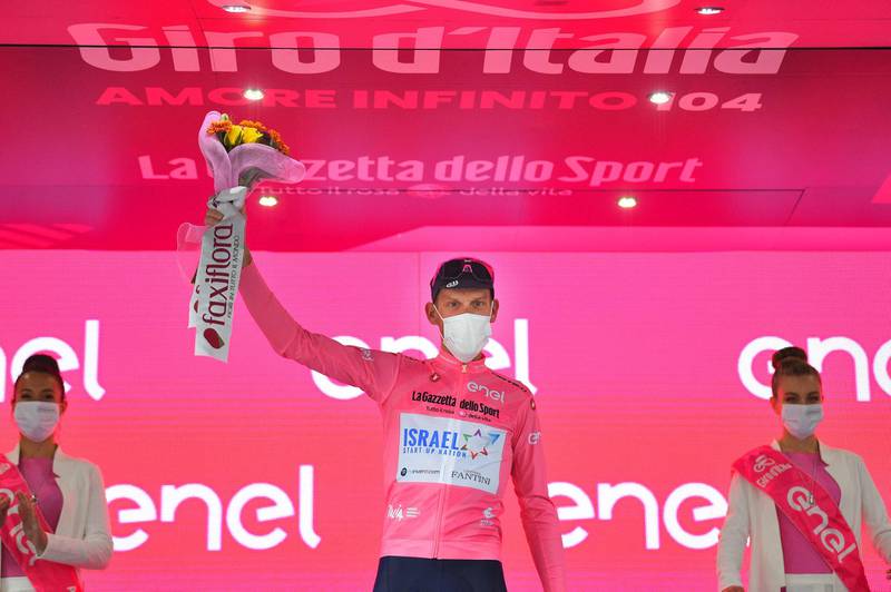Israel Start–Up Nation rider Alessandro De Marchi wearing the race leader's pink jersey after Stage 4 of the Giro. AFP