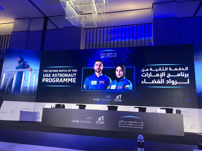 The UAE's latest astronauts are being unveiled at a press conference in Dubai. Sarwat Nasir / The National