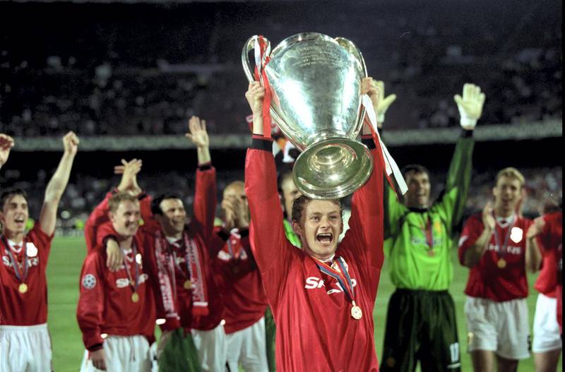 26 May 1999:  Ole Gunnar Solskjaer holds aloft the European Cup after Manchester United win the European Champions League Final against Bayern Munich in the Nou Camp Stadium, Barcelona, Spain. Manchester United won 2 - 1 with Solskjaer scoring the secondgoal, and both United goals scored during injury time, to secure the treble of League, FA Cup and European Cup. \ Mandatory Credit: Alex Livesey /Allsport