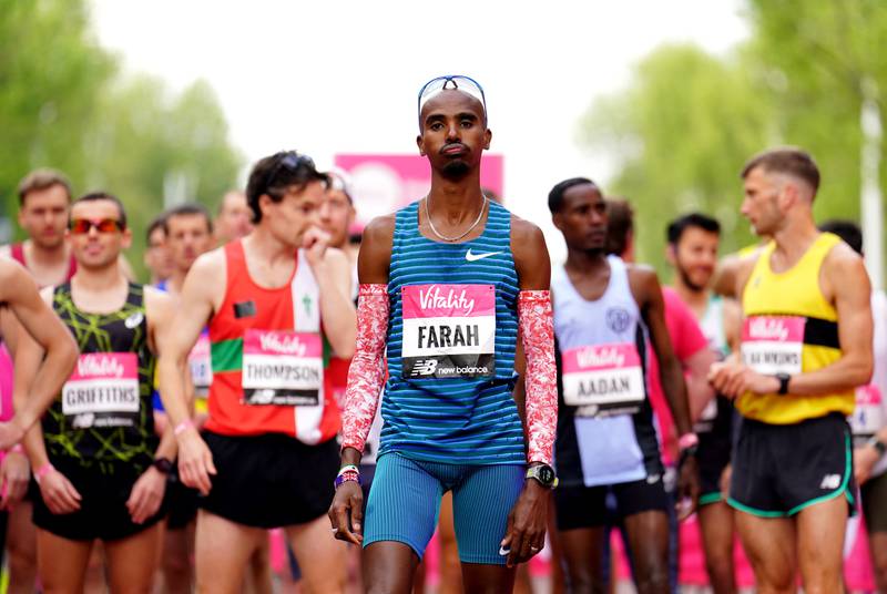 Mo Farah ahead of the men's race during the Vitality London 10,000 road race. PA