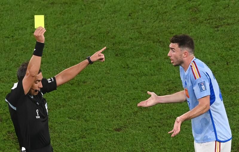 Aymeric Laporte of Spain is booked. EPA 