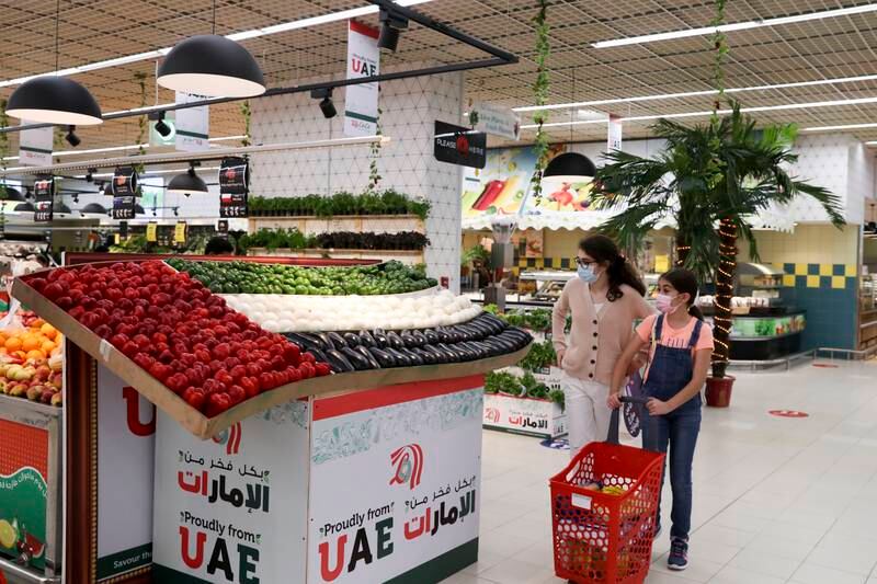 Vegetables and fruits to mark arranged like the United Arab Emirates flag, at a supermarket in Mushrif Mall, Abu Dhabi. Khushnum Bhandari/ The National