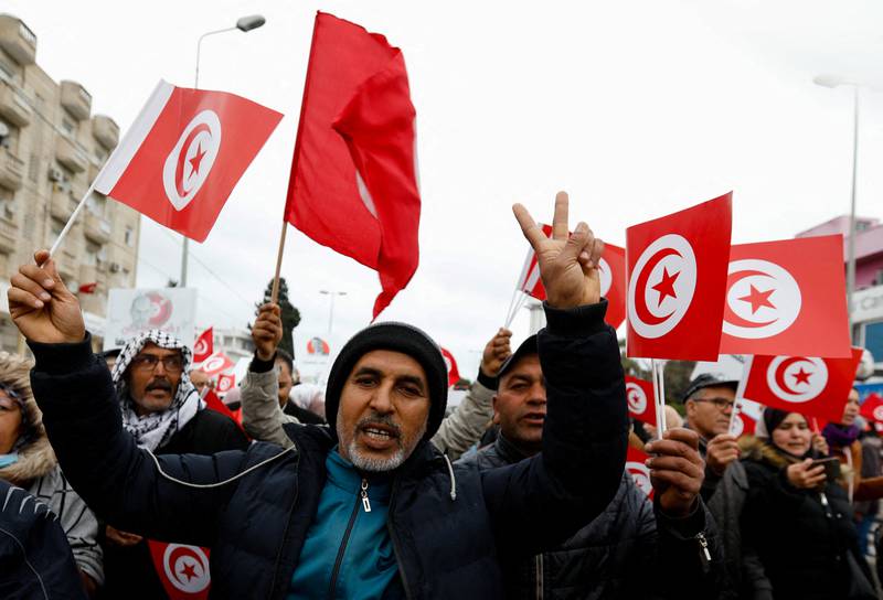 Protesters on the streets of Tunis call for an end to President Kais Saied's one-man rule. Reuters