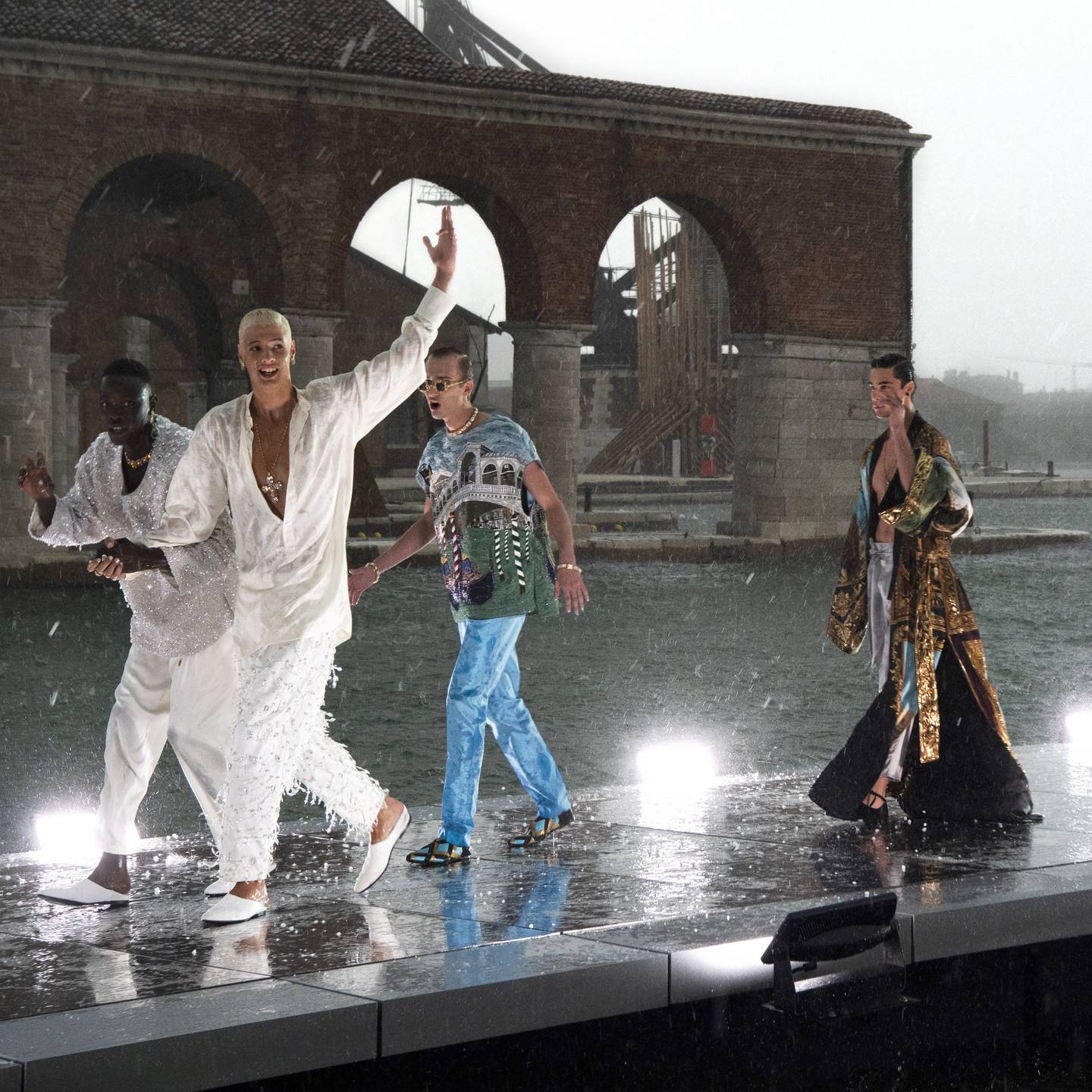 The menswear show concluded with an unexpected downpour. Photo: Dolce & Gabbana