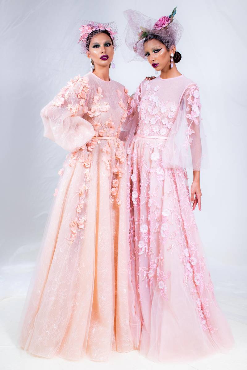 Rosy pink, romantic gowns by Amato. Courtesy AFW