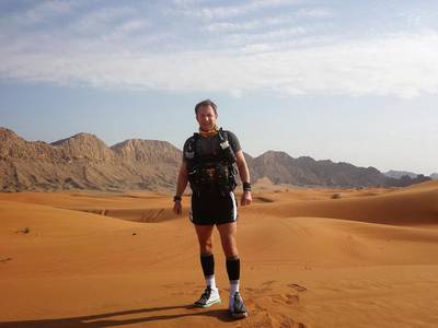 First-time ultra-marathoner Toby Gregory in desert racing gear and ready to tackle the UAE's first ultra-marathon. Courtesy Toby Gregory