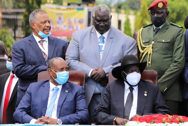 Sudan's Sovereign Council Chief General Abdel Fattah al-Burhan, and South Sudan's President Salva Kiir attend the signing of peace agreement.  Reuters