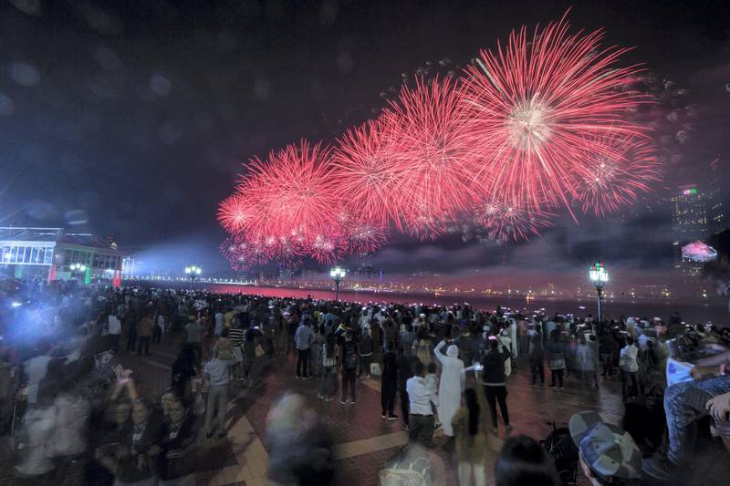 Abu Dhabi, United Arab Emirates - Fireworks display at Abu Dhabi Corniche, Breakwater.  Leslie Pableo for The National