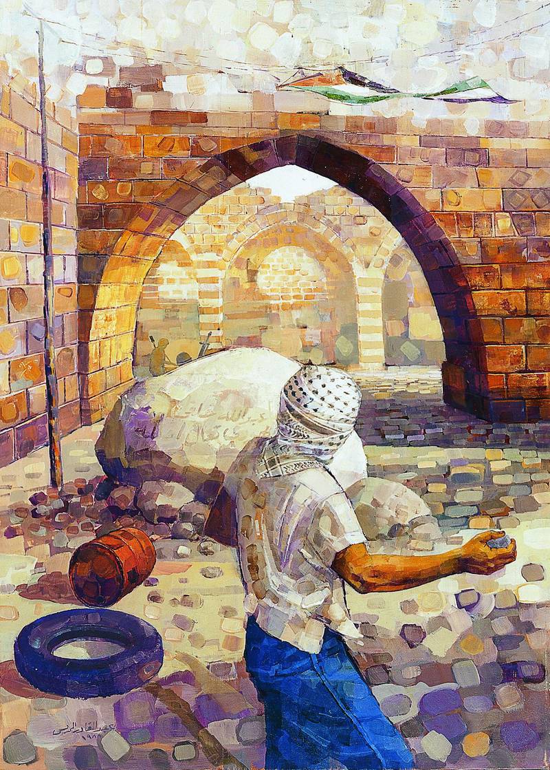 Abdul Qader Al Rais’s work often addresses political concerns, which this exhibition highlights for the first time. This 1989 painting responds to the First Intifada in Palestine. Courtesy Abu Dhabi Department of Culture and Tourism