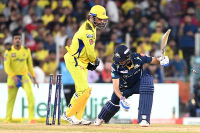 Gujarat Titans' Shubman Gill is stumped Chennai Super Kings' wicketkeeper and captain Mahendra Singh Dhoni after making 39 off 20. AFP