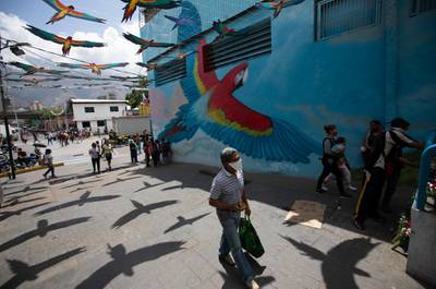 The shadows of synthetic macaws are cast on the pavement backdropped by a mural of a macaw as pedestrians wearing protective face masks walk past, in the Petare neighborhood of Caracas, Venezuela. President Nicolas Maduro and Venezuela's opposition, led by Juan Guaido, have agreed to measures for battling the new coronavirus to be overseen by international health workers, a first step in years toward cooperation between bitter political rivals for the benefit of the country. AP Photo