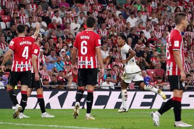 Jude Bellingham celebrates scoring Real Madrid's second goal against Athletic Bilbao. AFP