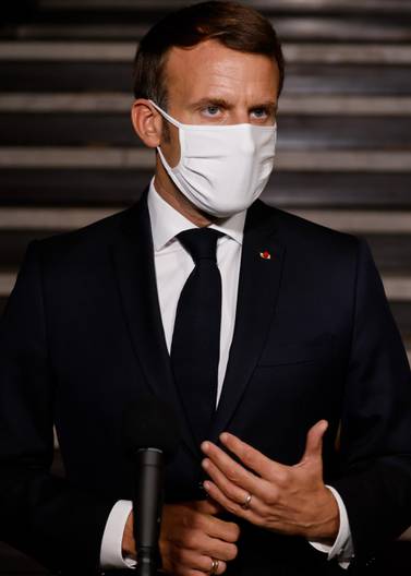 epa08759902 French President Emmanuel Macron delivers a speech at the end of a visit on the fight against separatism at the Seine Saint Denis prefecture headquarters in Bobigny, northeastern suburbs of Paris, France, 20 October 2020. EPA/LUDOVIC MARIN / POOL MAXPPP OUT