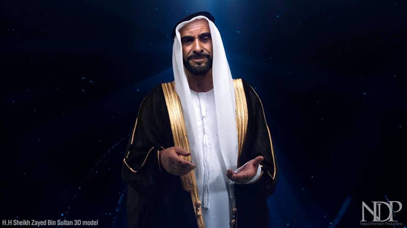A 3-D hologram of Sheikh Zayed gives a speech aimed at the country's young people in a video. Courtesy New Dimension Productions