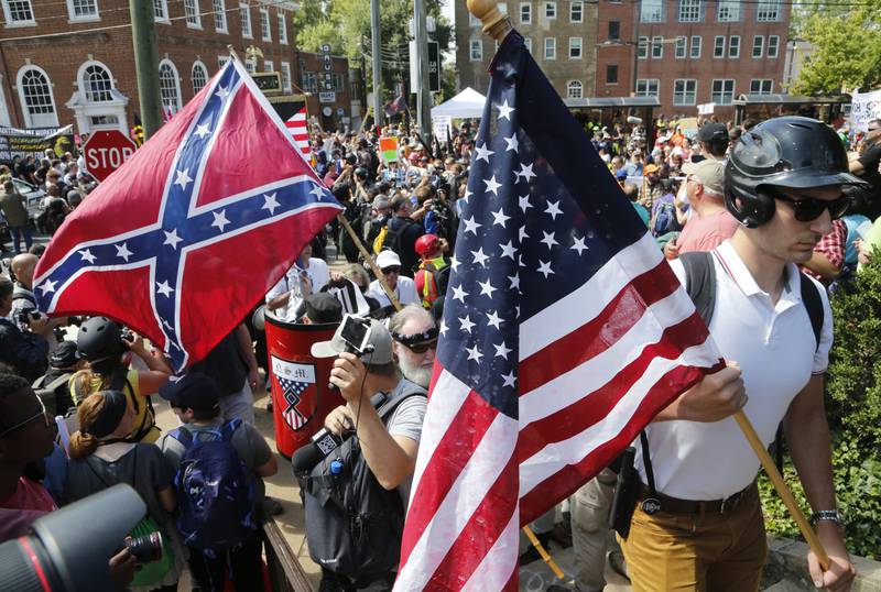 White nationalist demonstrators in Lee park in Charlottesville, Virginia. AP