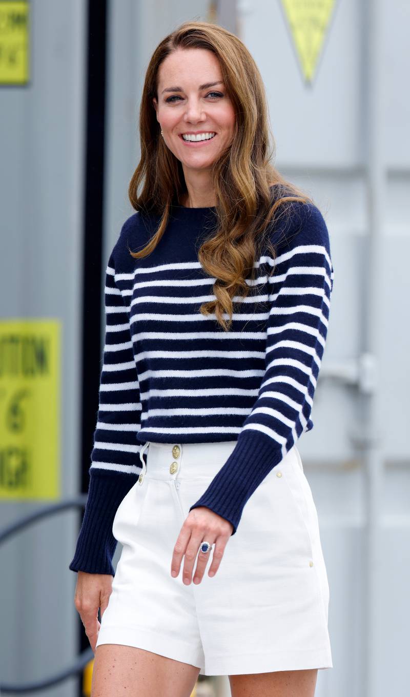 The Duchess of Cambridge pairs classic nautical stripes with tailored shorts for a preppy feel. Getty Images