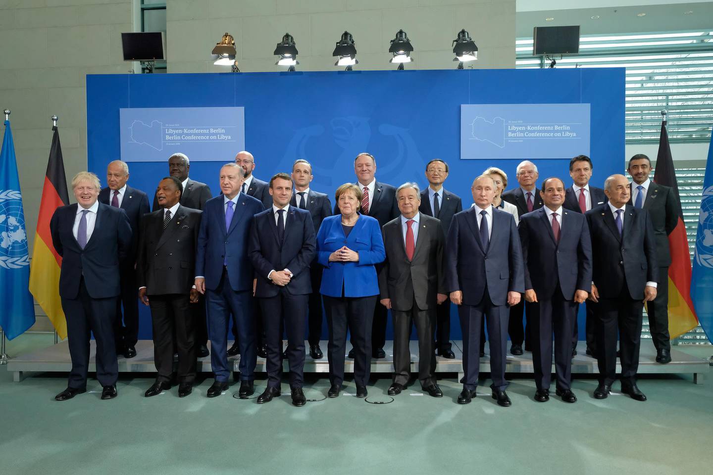 BERLIN, GERMANY - JANUARY 19: Participants, including (from L to R, first row) British Prime Minister Boris Johnson, Turkish President Recep Tayyip Erdogan (3rd from L), French President Emmanuel Macron, German Chancellor Angela Merkel, United Nations Secretary-General Antonio Guterres, Russian President Vladimir Putin and Egyptian President Abdel Fattah el-Sisi, as well as U.S. Secretary of State Mike Pompeo (C, 2nd row), and Italian Prime Minister Giuseppe Conte (2nd row, 2nd from R) pose for a group photo at an international summit on securing peace in Libya at the Chancellery on January 19, 2020 in Berlin, Germany. Leaders of nations and organizations linked to the current conflict are meeting to discuss measures towards reaching a consensus between the warring sides and ending hostilities.   (Photo by Sean Gallup/Getty Images)