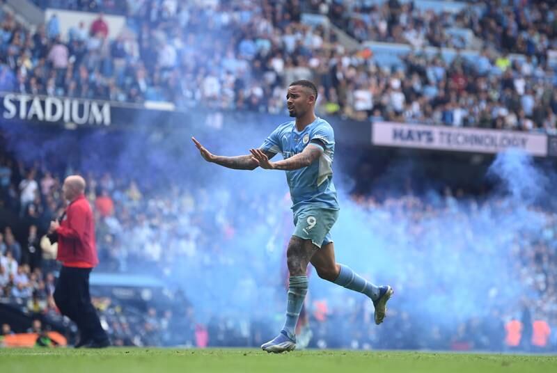 Gabriel Jesus gestures to the fans during the Premier League match between Manchester City and Aston Villa. Getty