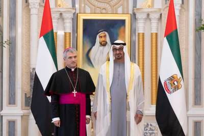 President Sheikh Mohamed receives Holy See ambassador Christophe Zakhia El Kassis, at Qasr Al Watan. Abdulla Al Neyadi / UAE Presidential Court