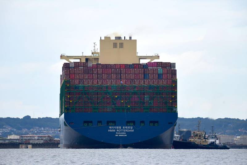 Mandatory Credit: Photo by Fraser Gray/Shutterstock (10754164a)
The container ship HMM Rotterdam is making her maiden port call to DP World London Gateway port on the Essex side of the river Thames. Her sister ship visited the port in the spring of 2020. Both box boats are the globe's biggest ships at 400m x 62m, nearly the hight of the Empire State Building.
World's biggest box boat maiden port call, DP World London Gateway, Essex, River Thames, UK - 24 Aug 2020