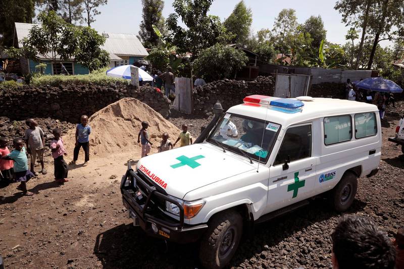 FILE PHOTO: An ambulance waits next to a health clinic to transport a suspected Ebola patient, in Goma in the Democratic Republic of Congo, August 5, 2019.REUTERS/Baz Ratner/File Photo