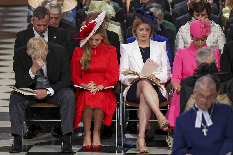 UK Prime Minister Boris Johnson, his wife Carrie Johnson, Foreign Secretary Liz Truss and Home Secretary Priti Patel at St Paul's Cathedral, London, during Queen Elizabeth II's Platinum Jubilee celebrations on Friday. AP Photo