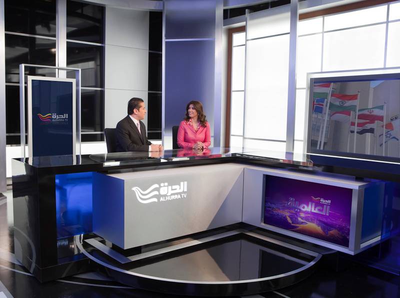 The studio at Arabic TV network Al Hurra, part of Middle East Broadcasting Networks (MBN), founded in 2004 and funded by the US government. Al Hurra