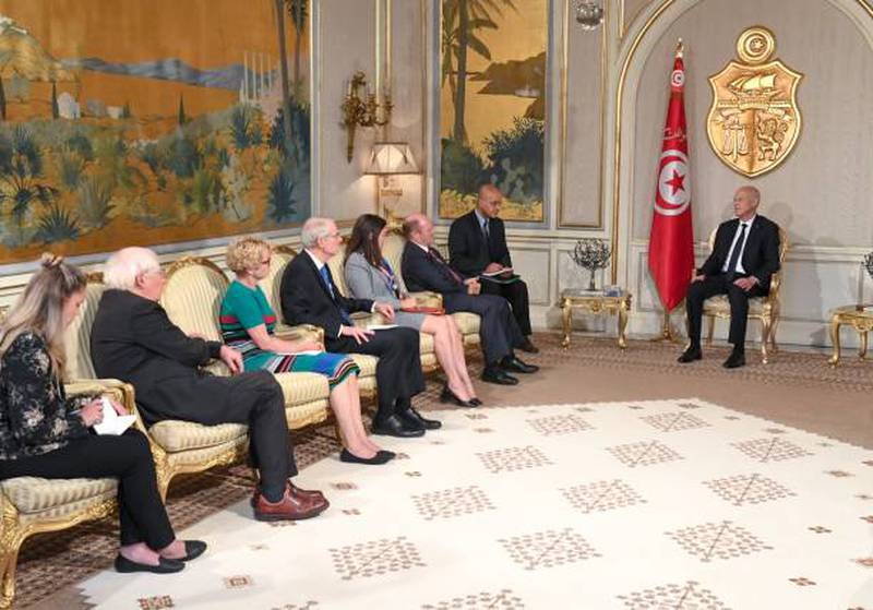 Tunisian President Kais Saied, right, meets the US delegation at Carthage Palace. Photo: Tunisian Presidency